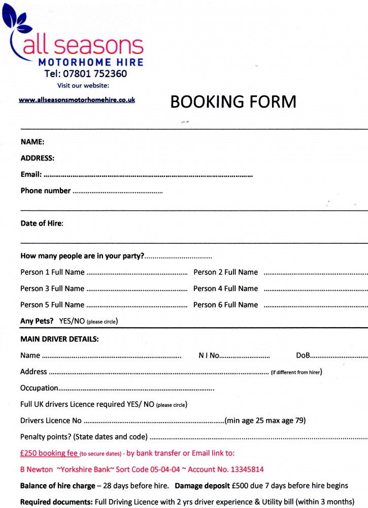 Motor Rental Sample Booking Luxury 6 Berth Motorhome Hire. Yorkshire Dales & Lake District ...